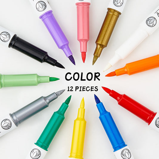 12-Color Brush Acrylic Paint Markers Water-Based Art Pens for Kids