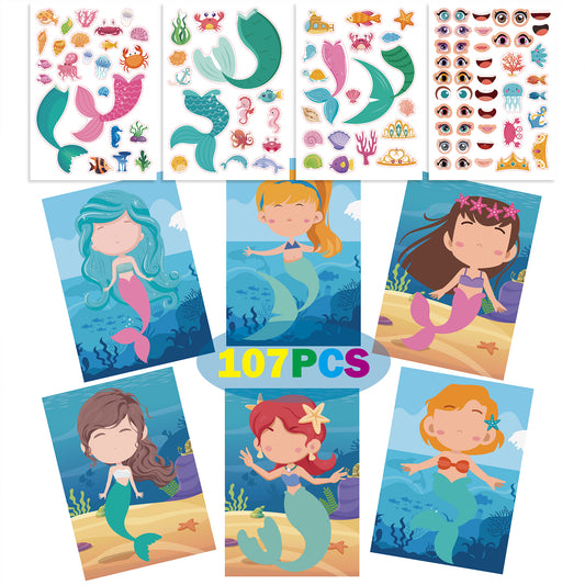 20 Sheets Mermaid Make a Face Stickers for Kids Girls DIY