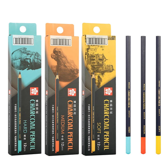 SAKURA Charcoal Pencils Drawing Set -12 Pieces Soft Medium Hard