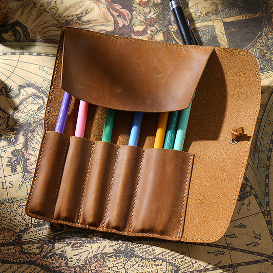 Roll-Up Leather Wrap Pen Pouch with 5 Slots