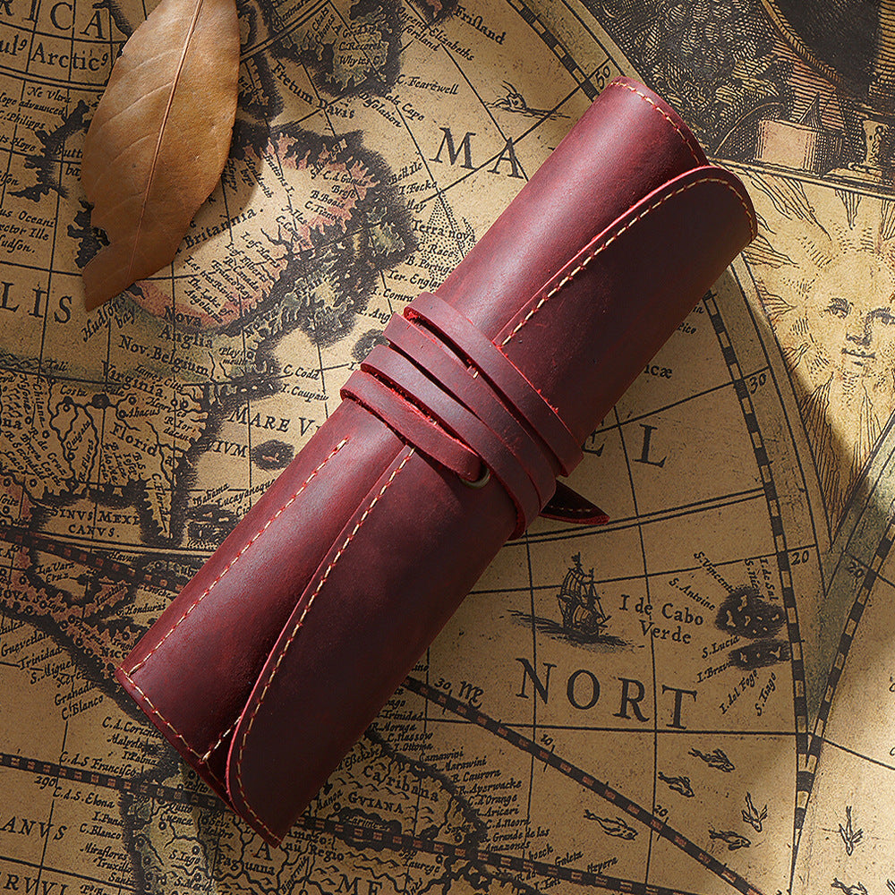 Roll-Up Leather Wrap Pen Pouch with 5 Slots