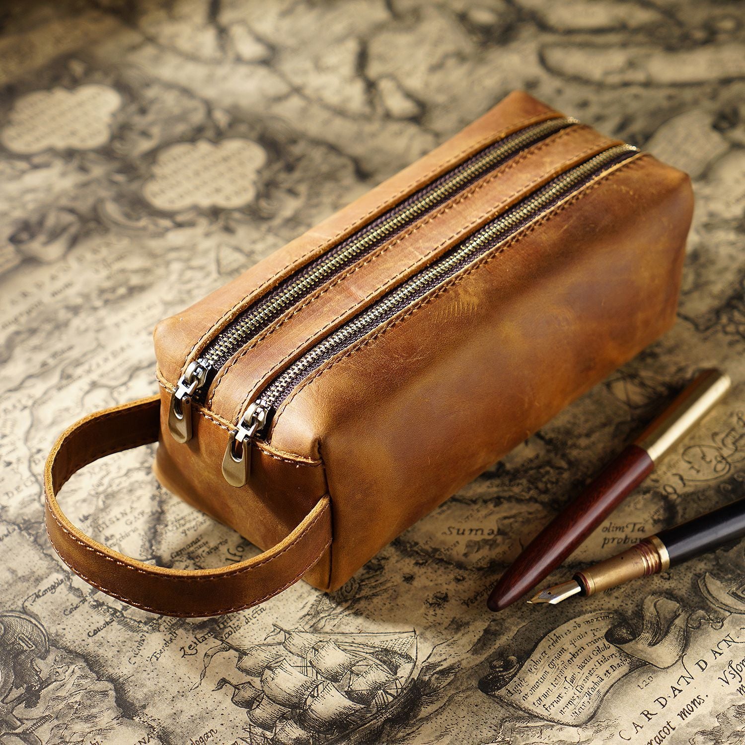 Vintage Leather Pen Pouch Big Capacity Pencil Case with 2 Compartment