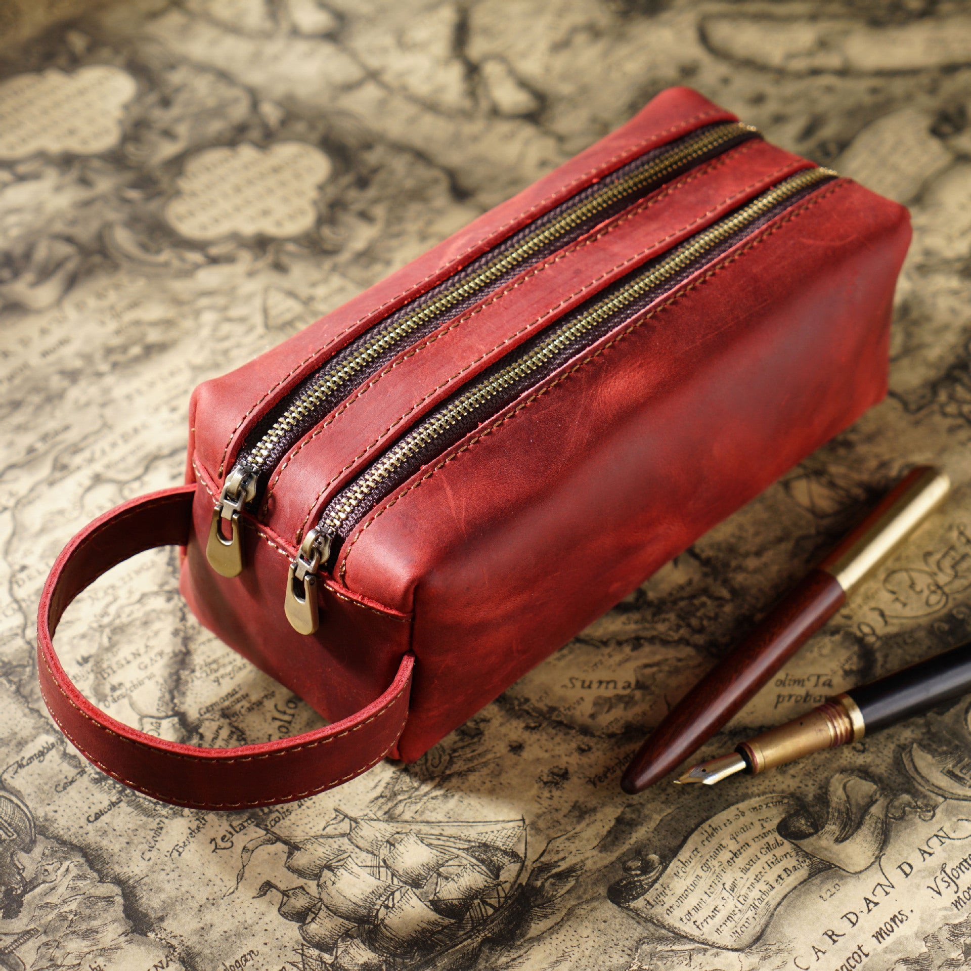 Vintage Leather Pen Pouch Big Capacity Pencil Case with 2 Compartment