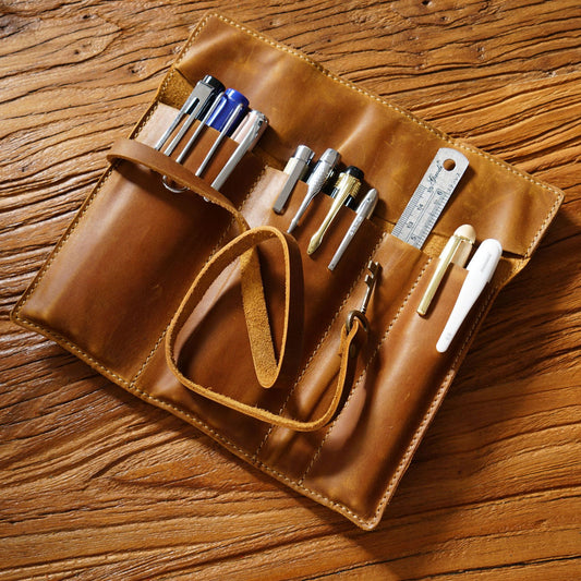 Roll-Up Leather Wrap Pen Pouch with 4 Slots