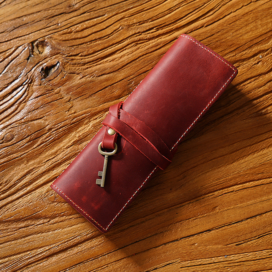 Roll-Up Leather Wrap Pen Pouch with 4 Slots