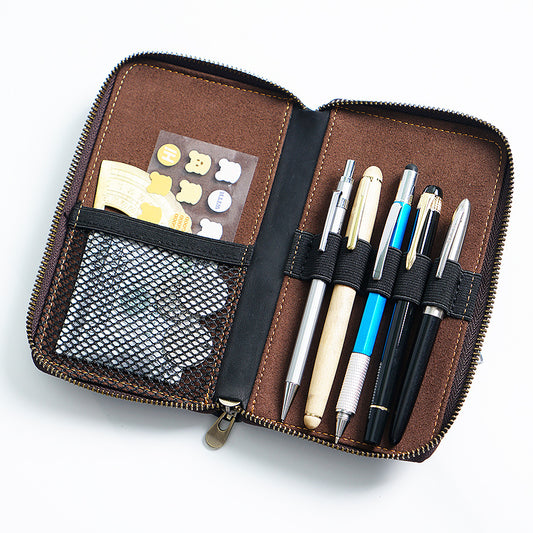 Leather Zippered Pen Organizer Case with 5 Slots and Net Holder