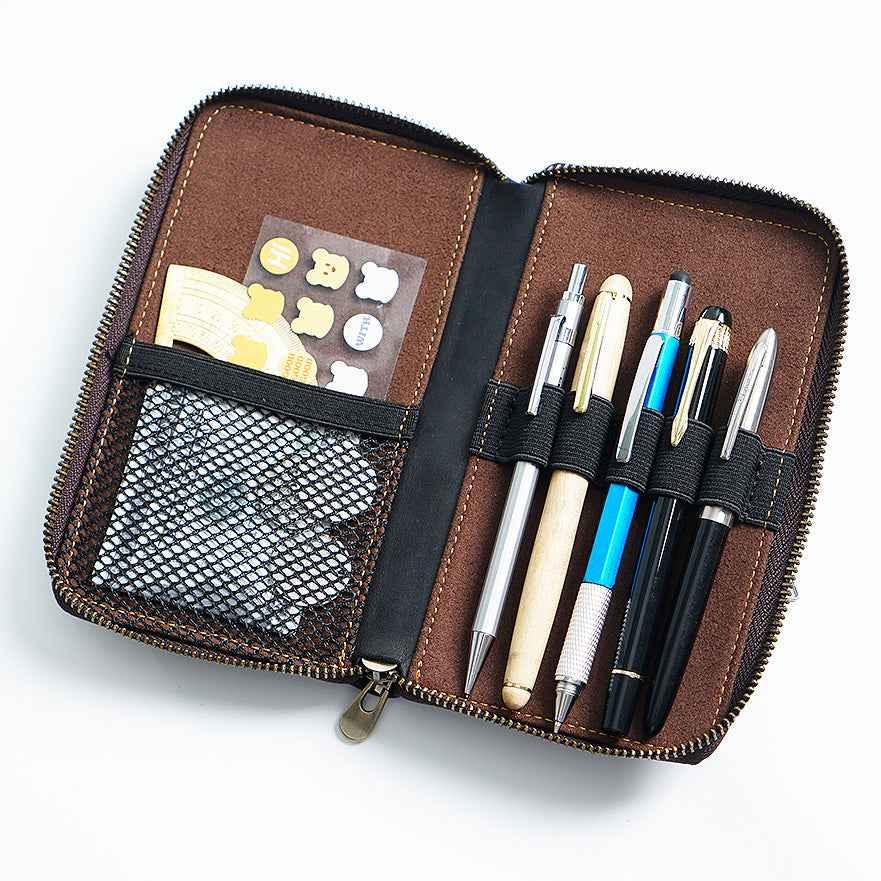 Stift-Organizer-Etui aus Leder mit Reißverschluss, 5 Fächern und Netzh