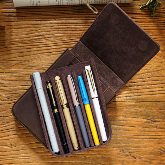 Vintage Leather Pen Case Storage with 6 Slots
