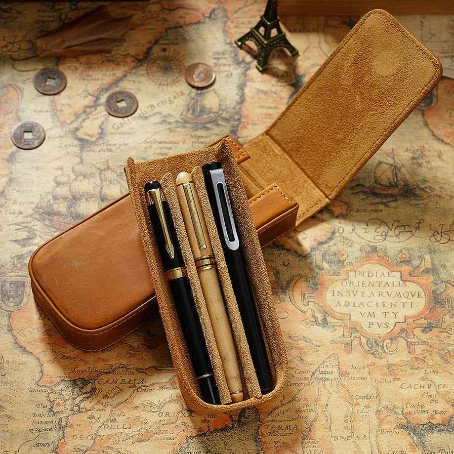 Vintage Leather Pen Case Storage with Slots - Main Image