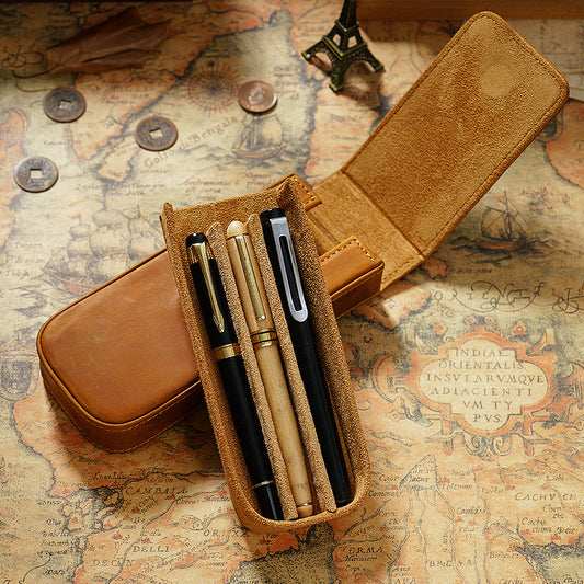 Vintage Leather Pen Case Storage with 3 Slots