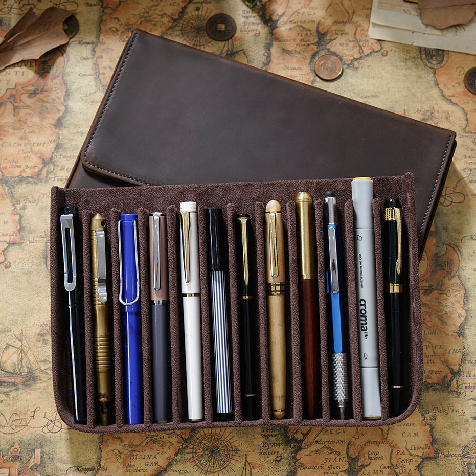 Leather Pen Case Storage with 12 Slots