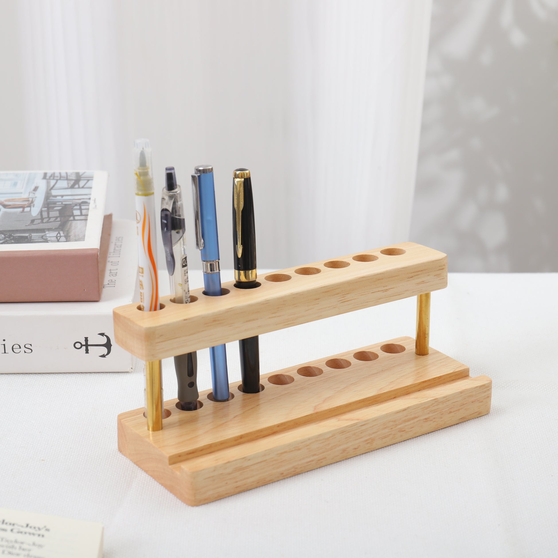 Wooden Pencil & Pen Holder with 9 Slots Cell Phone Stand