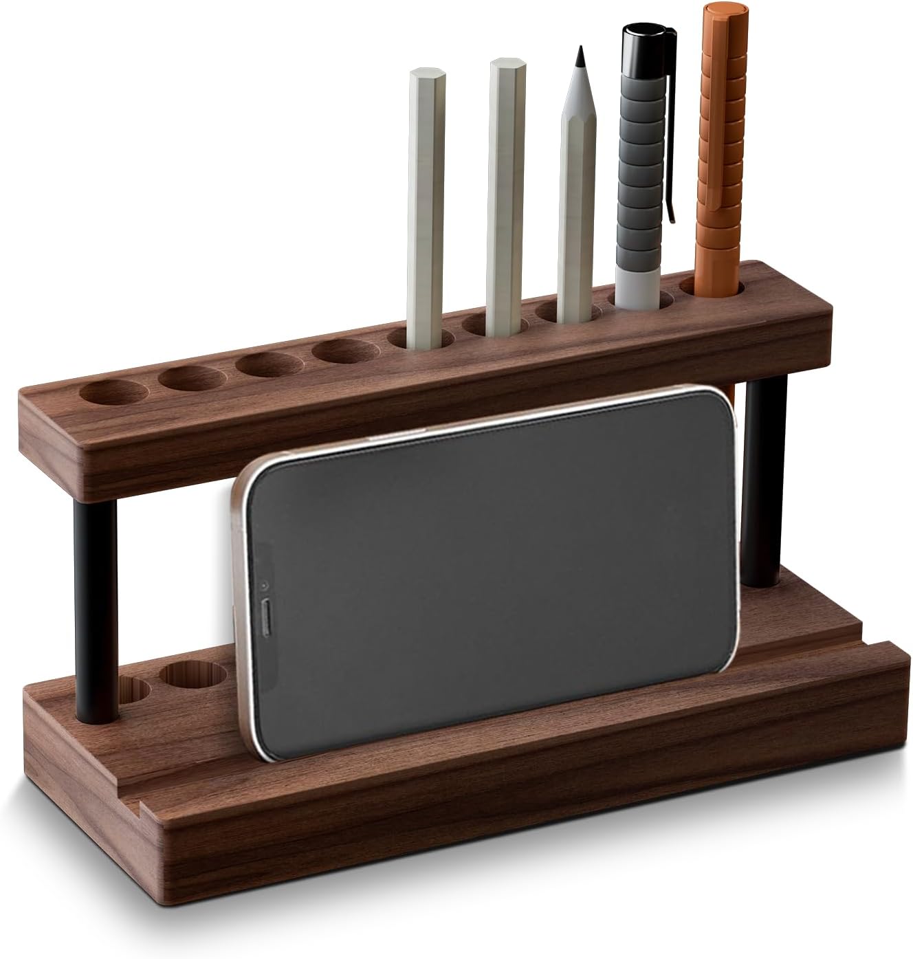 Wooden Pencil & Pen Holder with 9 Slots Cell Phone Stand