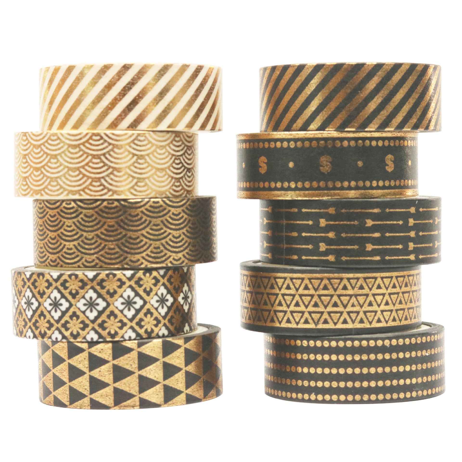 10 Rolls Black Gold Foil Print Washi Tape Set 15mm x 5m - TTpen