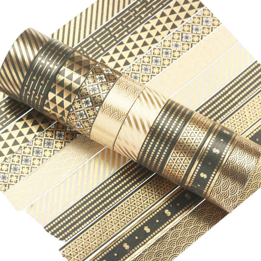 10 Rolls Black Gold Foil Print Washi Tape Set 15mm x 5m - TTpen