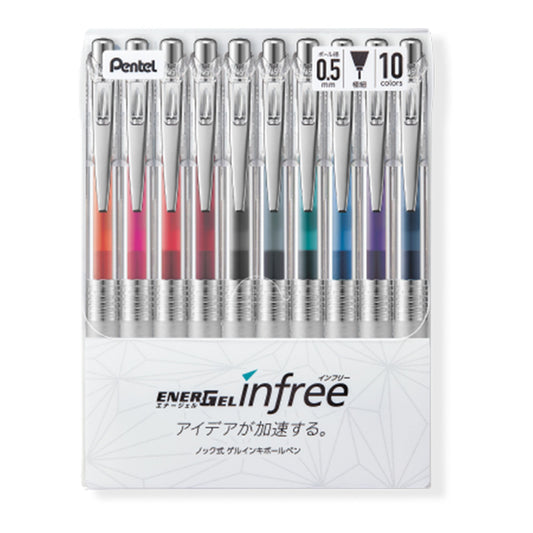 Pentel Energel Infree Gel Ink Ballpoint Pen 0.5mm,Needle Tip 10 Colors