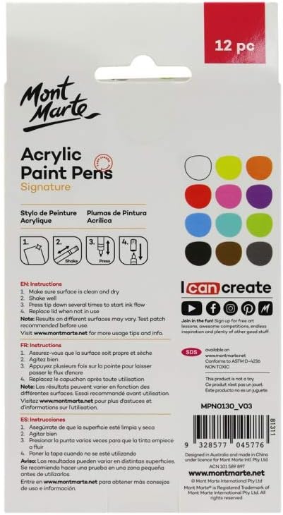 Mont Marte Signature Acrylic Paint Pens,12 Piece,Round Tip (3mm)
