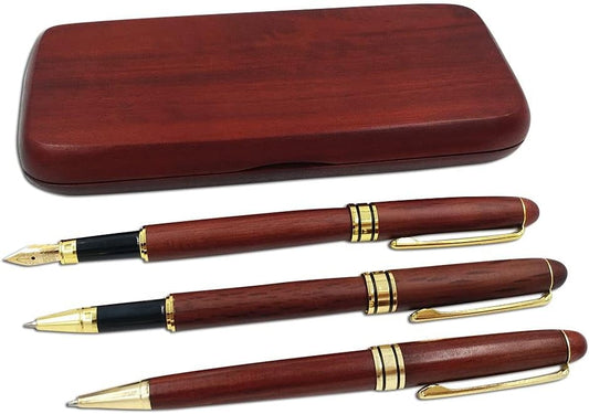 3Pcs Wooden Fountain Ballpoint Gel Pens Set with Gift Case