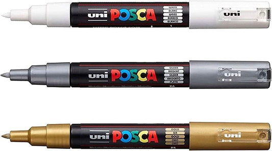 Posca PC-1M Paint Art Marker Pens 3 Color Set White + Gold + Silver