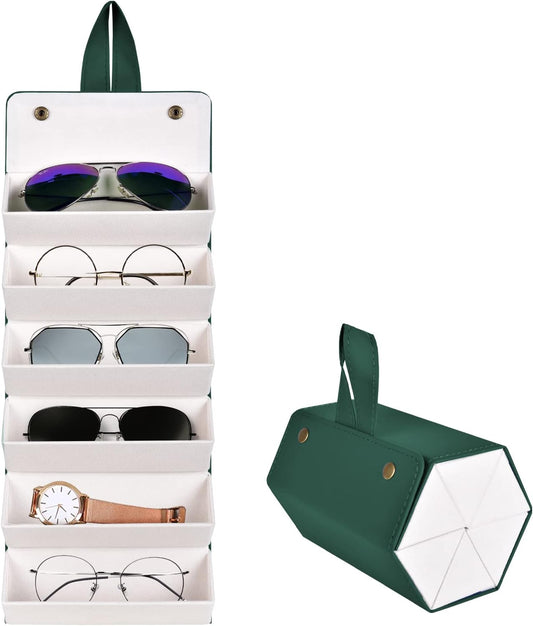 PU Leather Foldable Sunglasses Organizer Box Eyeglass Holder Dark Green