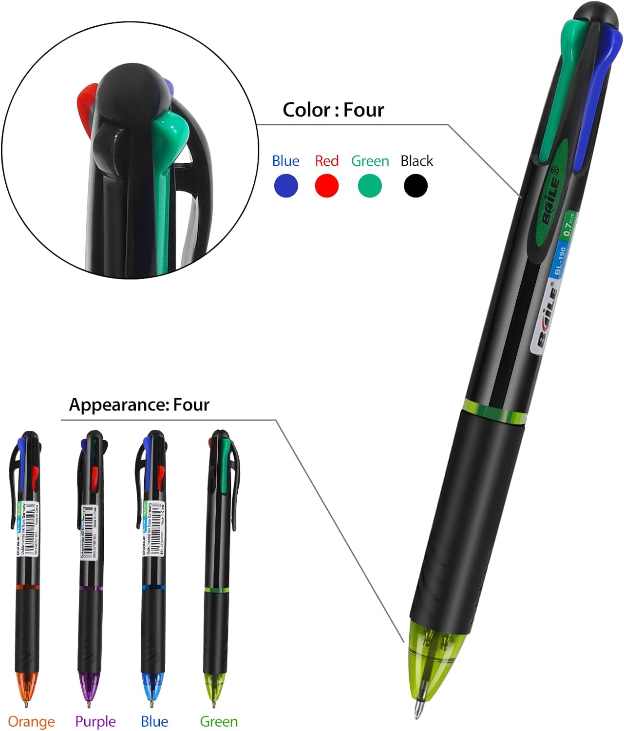 Baile 4 Colors Multifunctional Ballpoint Pen,Pack of 20