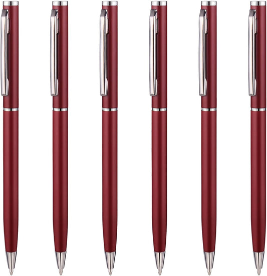 Slim Metallic Retractable Ballpoint Pens,Matte Burgundy,6 Pack-Black ink