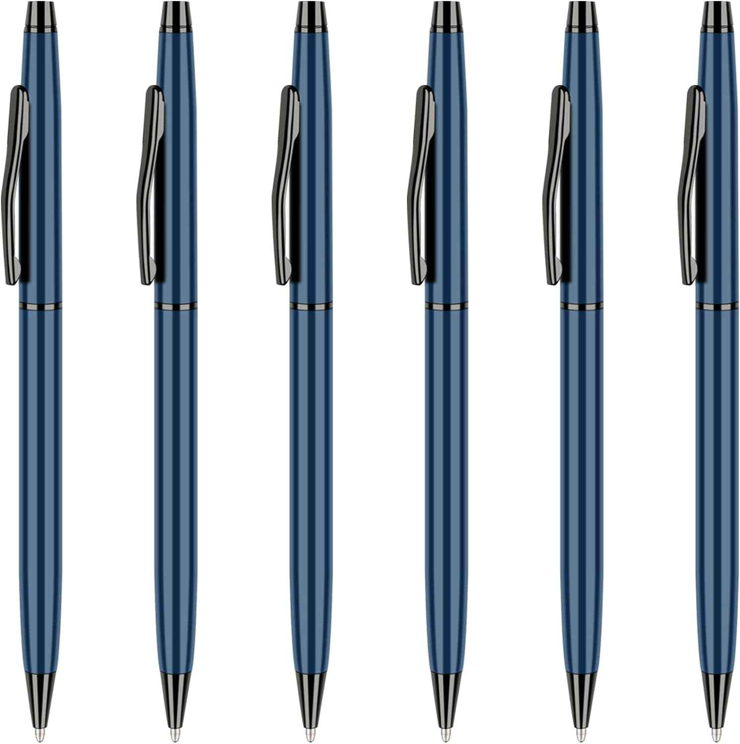 Slim Metallic Blue Retractable Ballpoint Pens Black ink 6 Pack - TTpen