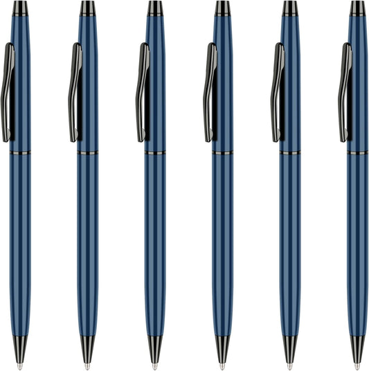 Slim Metallic Blue Retractable Ballpoint Pens Black ink 6 Pack