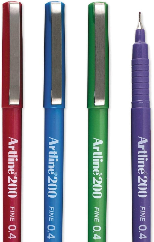 Artline 200 Fineline Writing Pens,0.4mm Assorted Colors (Pack of 4)