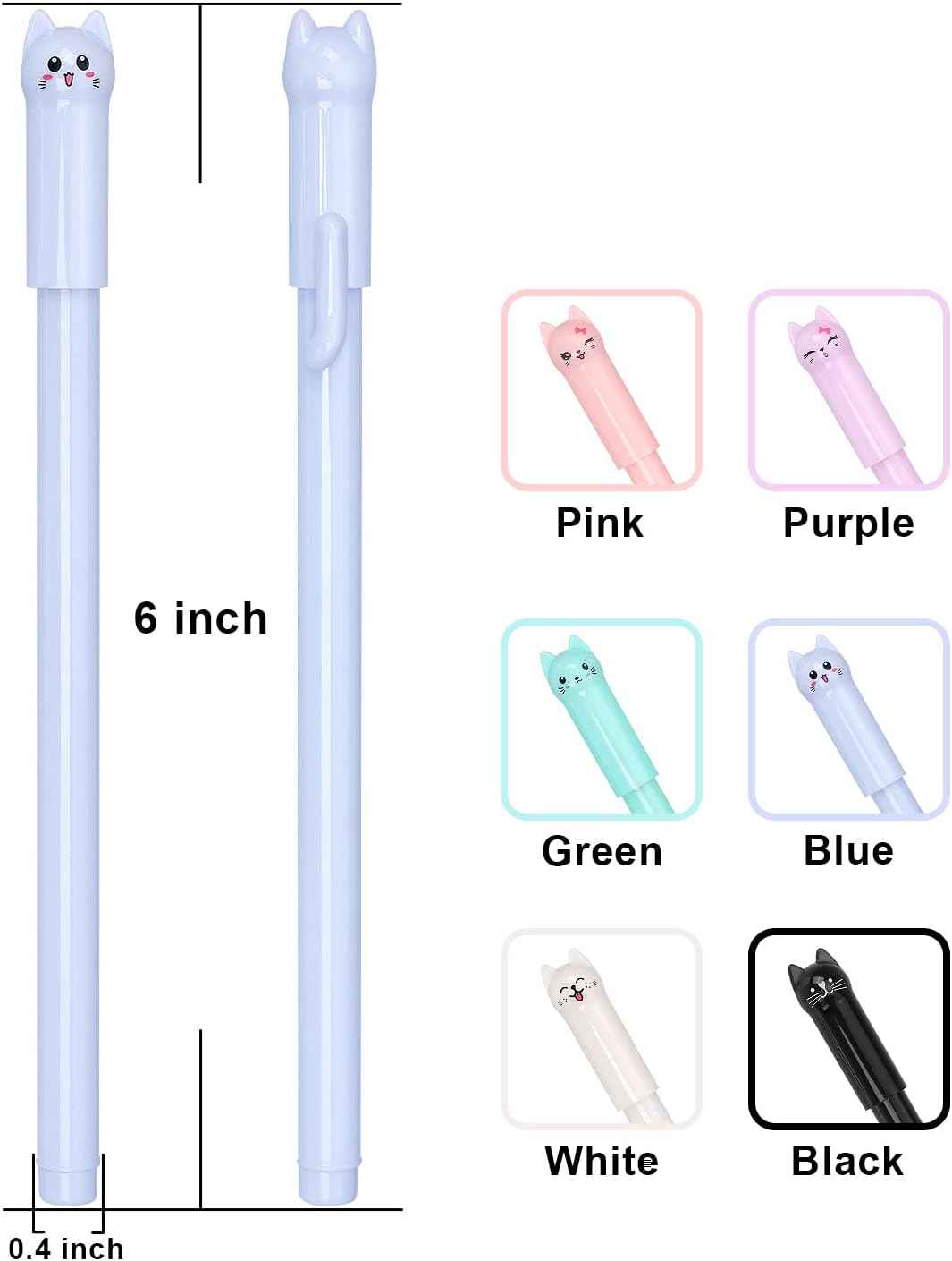 6 Pack Colorful Cat Kawaii Gel Pens 0.5mm Black Ink - TTpen