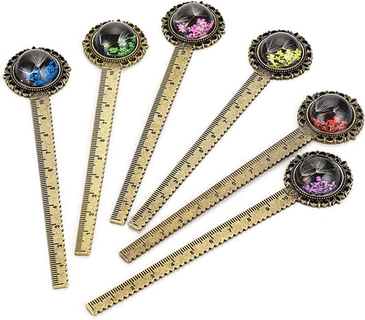 6PCS Retro Metal Bookmark Ruler Bronze Book Mark with Dried Flower