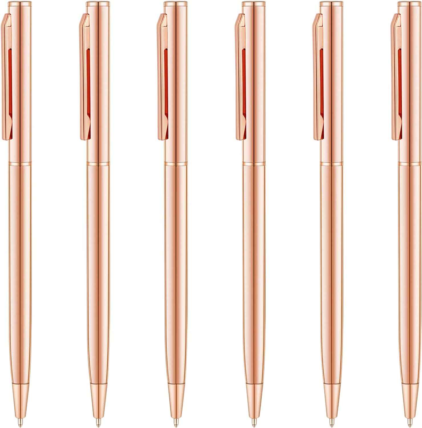 Rose Gold Slim Metallic Retractable Ballpoint Pens 6 Pack - TTpen