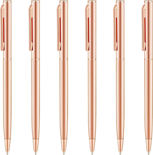 Rose Gold Slim Metallic Retractable Ballpoint Pens 6 Pack - TTpen
