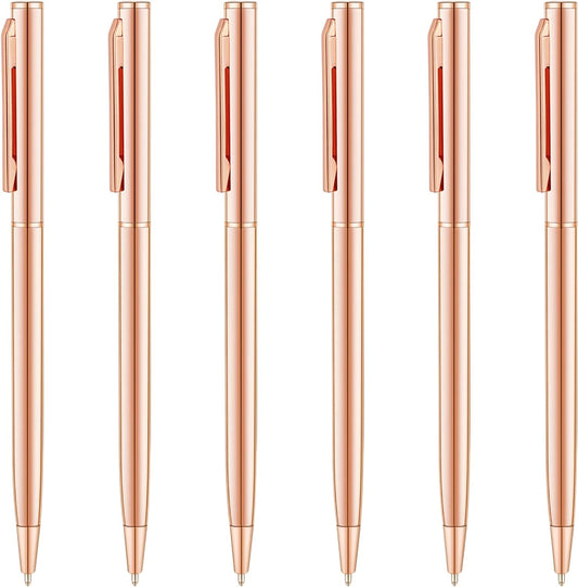Rose Gold Slim Metallic Retractable Ballpoint Pens 6 Pack