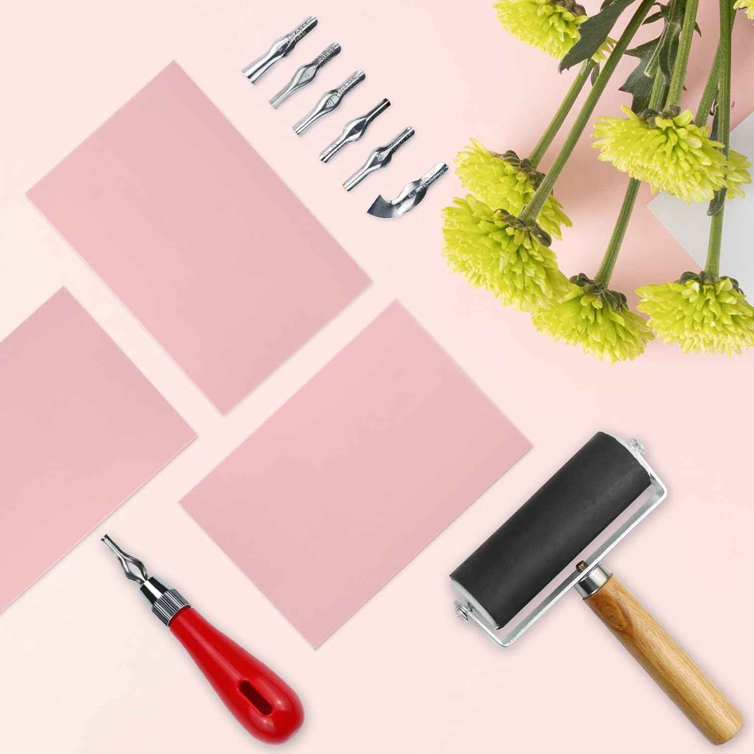 4 Pack Rubber Carving Block Stamp with Cutter Tool,Brayer Printmaking Roller - TTpen