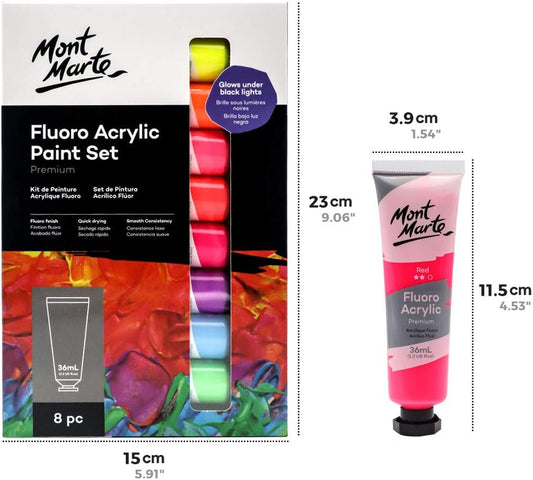 Mont Marte Fluoro Acrylic Paint Set,8 Colors,36ml Tube