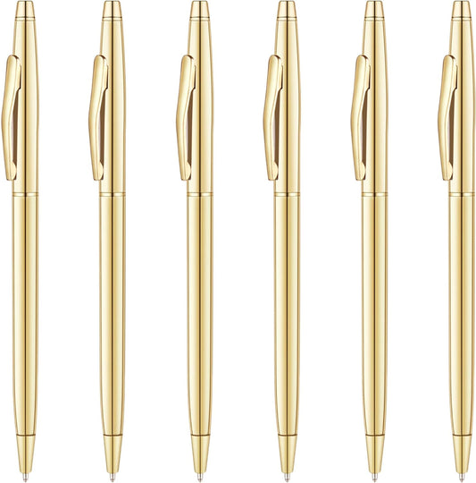 6 Pack Slim Gold Ballpoint Pens Black Ink 1mm