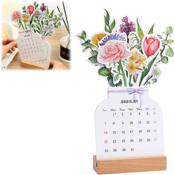 2024 Bloomy Flowers Desk Calendar Monthly Planner Vase Shaped - TTpen