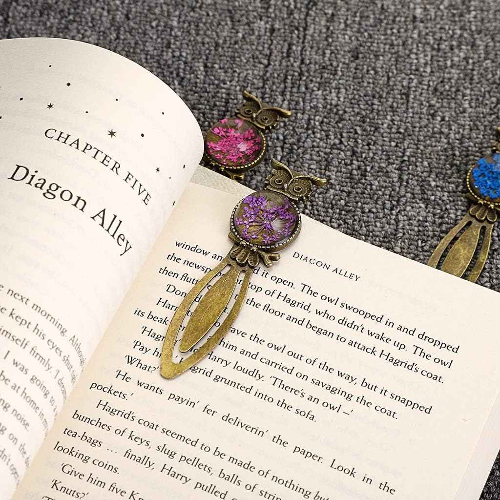 6 Metal Bookmark Clips Vintage Owl Bookmark Ruler with Dried Flower - TTpen