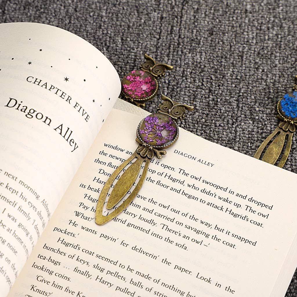 6 Metal Bookmark Clips Vintage Owl Bookmark Ruler with Dried Flower