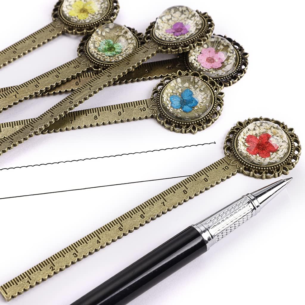 6PCS Retro Metal Bookmark Ruler Bronze Book Mark with Dried Flower
