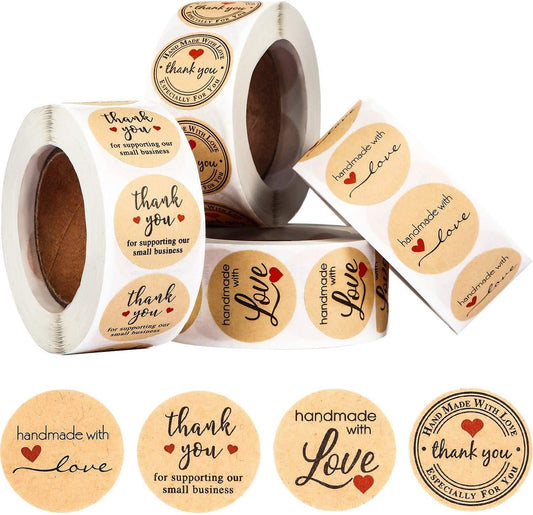 2000pcs Handmade with Love Thank You Label Stickers Kraft Round,1 Inch