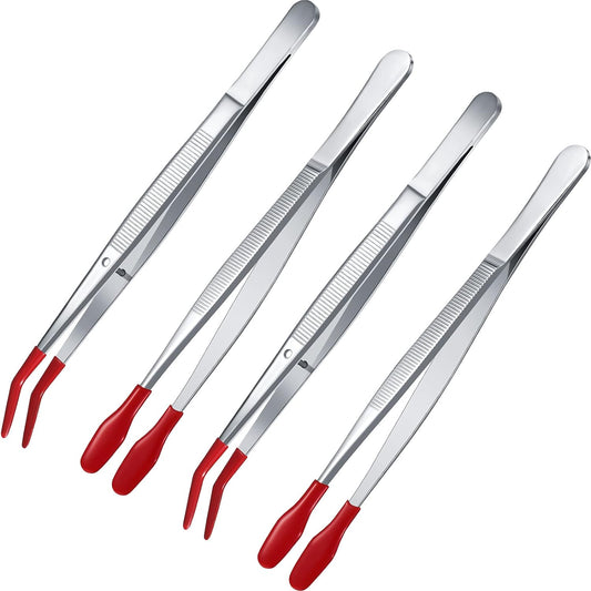 4Pcs Tweezers with Rubber Tip for Lab Industrial Jewelry Craft Red
