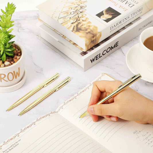 Gold Slim Metal Retractable Ballpoint Pens Black Ink 1mm 15 Pack - TTpen