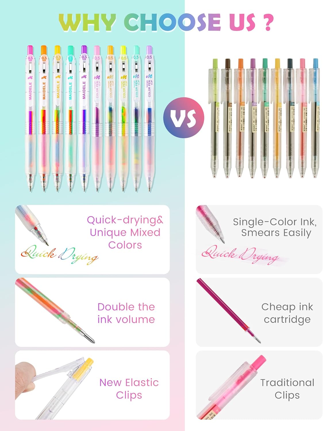 Retractable Magic Rainbow Color Gel Ink Pens 10-Pack