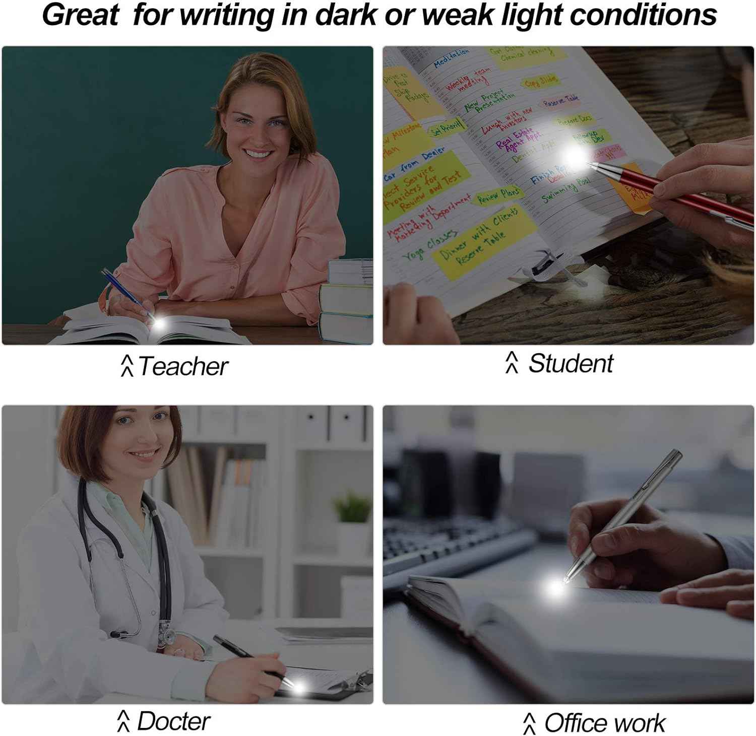 4 Pack Ballpoint Pens with LED Light for Writing in the Dark - TTpen