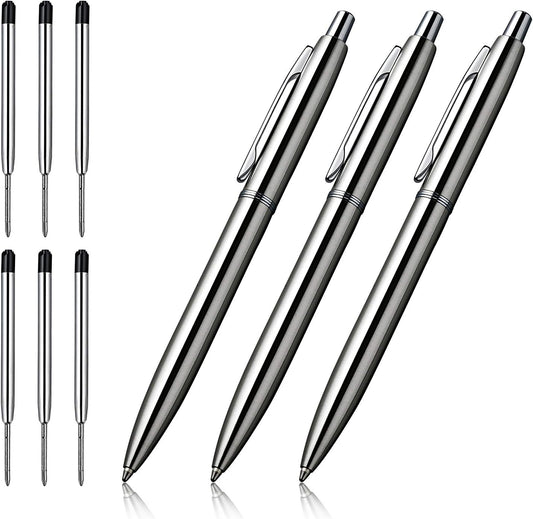 3Pcs Retractable Stainess Steel Metal Ballpoint Pens,6 Replaceable Refills