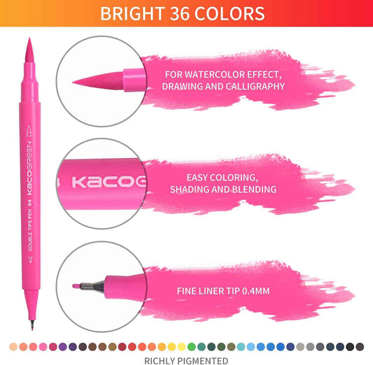 Kaco 36 Artist Coloring Art Markers Dual Tip Pens - TTpen