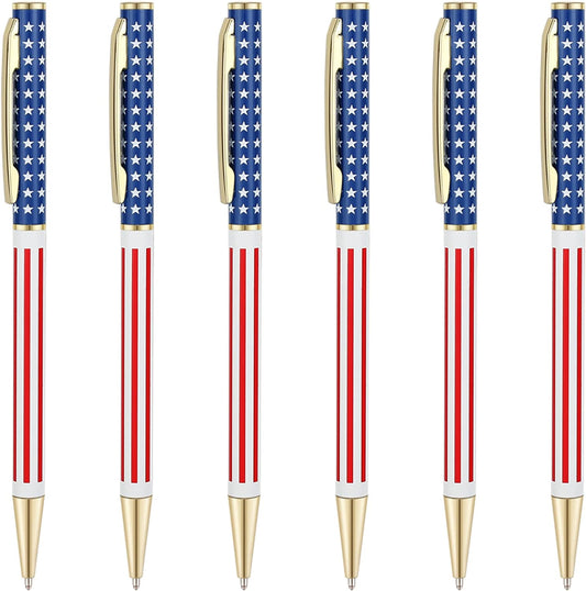6pcs Slim Metal Retractable Ballpoint Pens,Silver Gold Patriotic American Flag