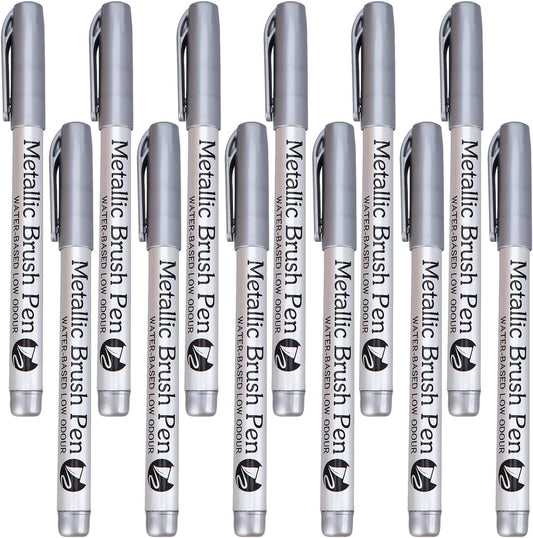 12pcs Metallic Brush Craftwork Marker Pens Silver